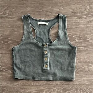 Gray Ribbed Button-Front Crop Top